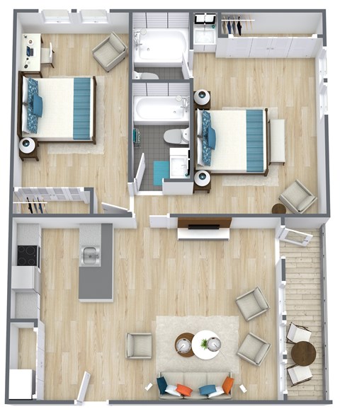 Floor plan for 2 beds, 2 baths, 915 sqft